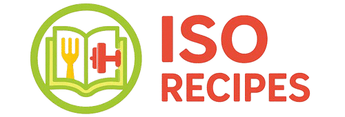 ISO Recipes logo showing an orange emblem with a fork, dumbbell, and cookbook, symbolizing healthy and fitness recipes